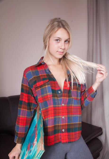 Slender blonde teen Alecia Fox revealing tiny tits and hairy pussy 