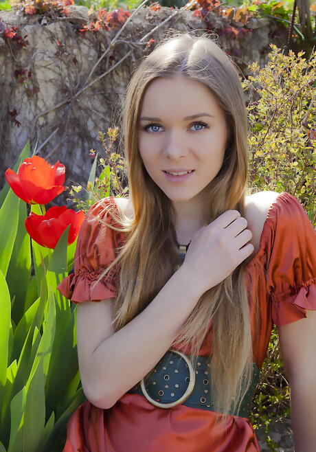 Sylphlike blond youthful Karissa Diamond in nice skirt baring small tits and hairy twat outdoor